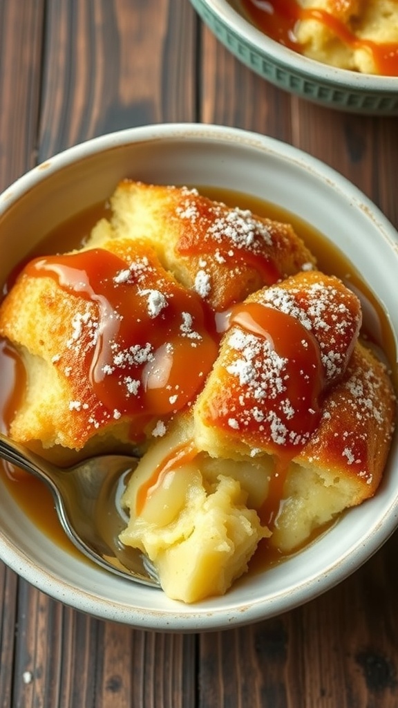Classic Bread Pudding Recipe A bowl of golden brown bread pudding with powdered sugar and caramel sauce, on a rustic table.